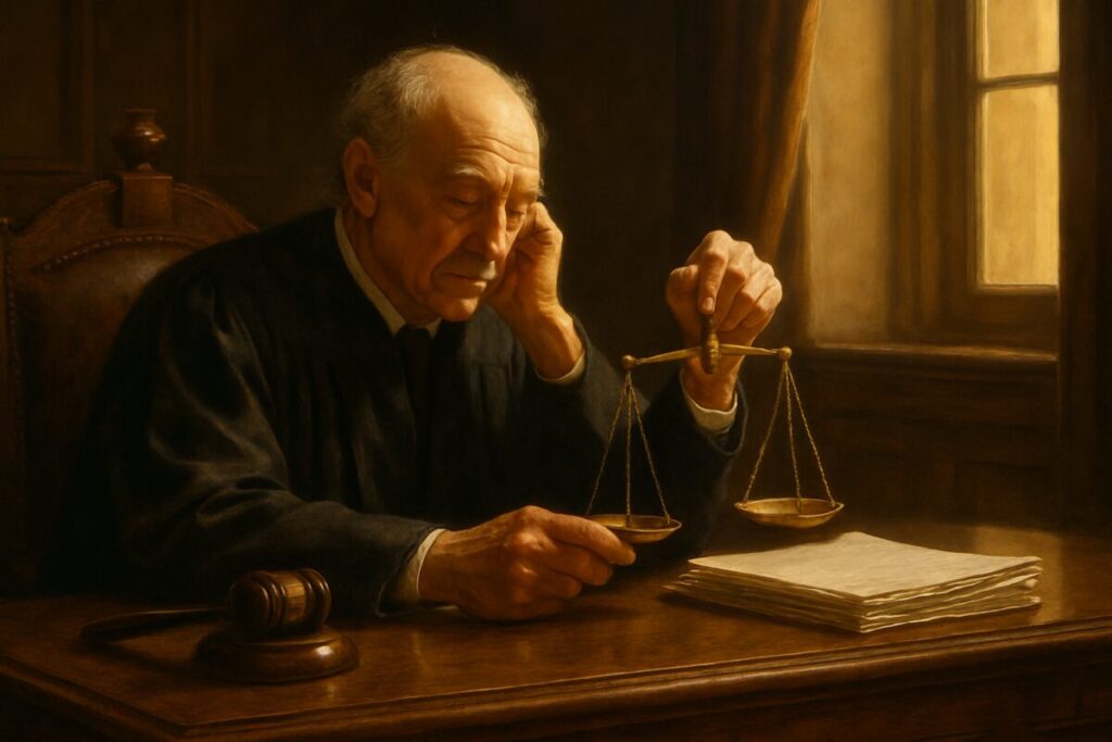 A high-definition artwork capturing a thoughtful and serene scene of a judge sitting at a grand wooden desk in a dimly lit courtroom. The judge, an elderly figure with a contemplative expression, is depicted holding a solitary scale model in one hand while a stack of paperwork lies neatly on the desk. Soft, golden light filters through a nearby window, casting gentle shadows on the polished wood and highlighting the introspective nature of their work. The image conveys a sense of reflection and balance, symbolizing the intricate decision-making process in the justice system.