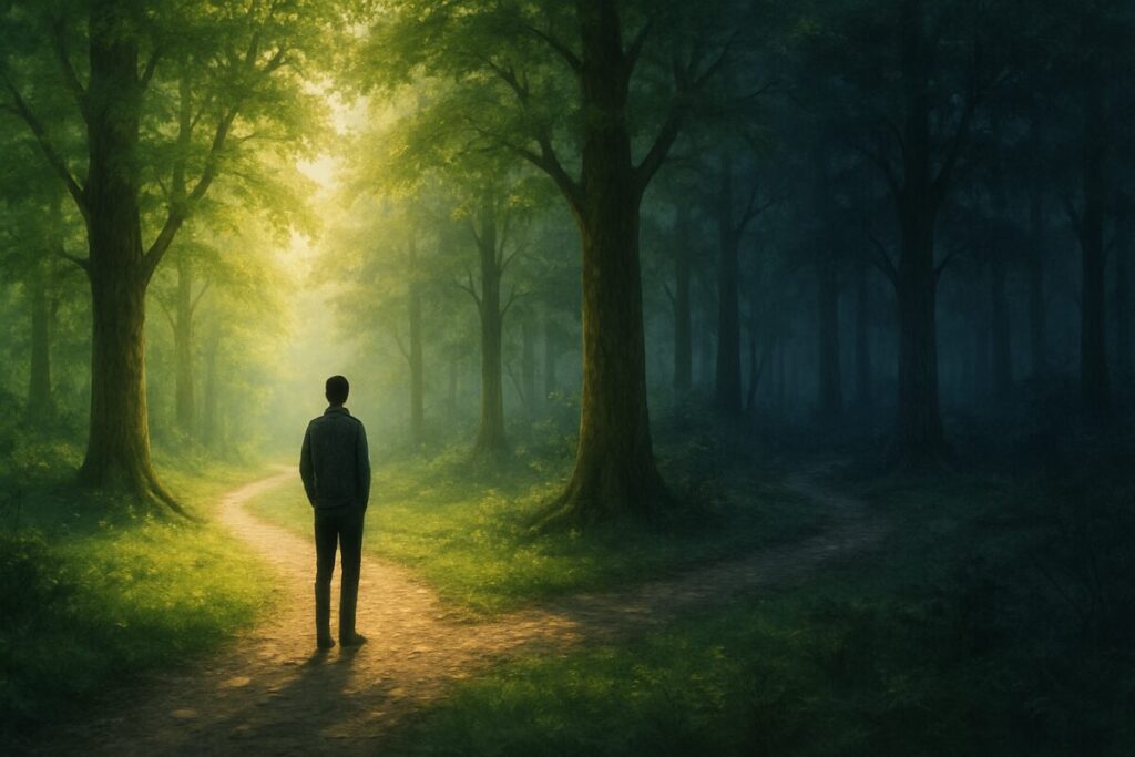 Create a high-definition digital artwork depicting a serene, contemplative scene in a lush, green forest. At the center, a lone figure stands at a crossroads of two paths, one path illuminated by soft, warm sunlight, the other shrouded in cool, mysterious shadows. The figure appears deep in thought, symbolizing the inner conflict between choice and consequence. The tranquil environment, with trees towering above and a gentle breeze rustling the leaves, captures the delicate balance between pressure and free will.