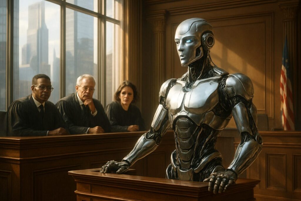 A high-definition digital artwork depicting a futuristic courtroom scene where a humanoid robot, sleek and polished, stands confidently at the defense podium. The setting is a grand, modern courtroom with abundant natural light streaming through glass walls showcasing a cityscape beyond. The judges, a mix of diverse, contemporary humans, lean in with curiosity and intrigue, analyzing the robot's expressions as if gauging its potential for creativity and authorship. The overall color tone is a blend of metallic silvers and warm golds, evoking a sense of technological advancement intertwining with tradition.
