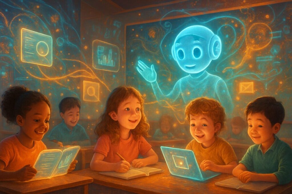 An enchanted classroom full of young students engaged in learning, surrounded by glowing, ethereal digital tools that seem to hover in the air. The scene portrays a warm, welcoming environment where artificial intelligence is depicted as a vibrant, friendly presence aiding the students in their learning journey. The walls of the classroom are adorned with dynamic, abstract visuals representing knowledge and data. Light trails connect the students to an AI hologram projecting helpful educational resources. The AI appears as a wise, holographic guide with a gentle, cheerful expression, exuding warmth and wisdom. Capture this scene in high definition, with vivid colors and intricate details highlighting both the advanced technology and the natural curiosity of the students.