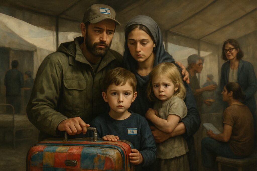 A poignant digital artwork depicting an Israeli family with young children during a wartime evacuation. In high definition, the image captures the tense yet hopeful moment of a family standing in front of a colorful but worn-out suitcase. The background shows a temporary shelter setting with subtle hints of resilience and support, like a friendly neighbor offering food and a social worker engaging with the family. The overall atmosphere combines a mix of uncertainty and warmth, emphasizing both the challenges and the community bonds formed during times of crisis.
