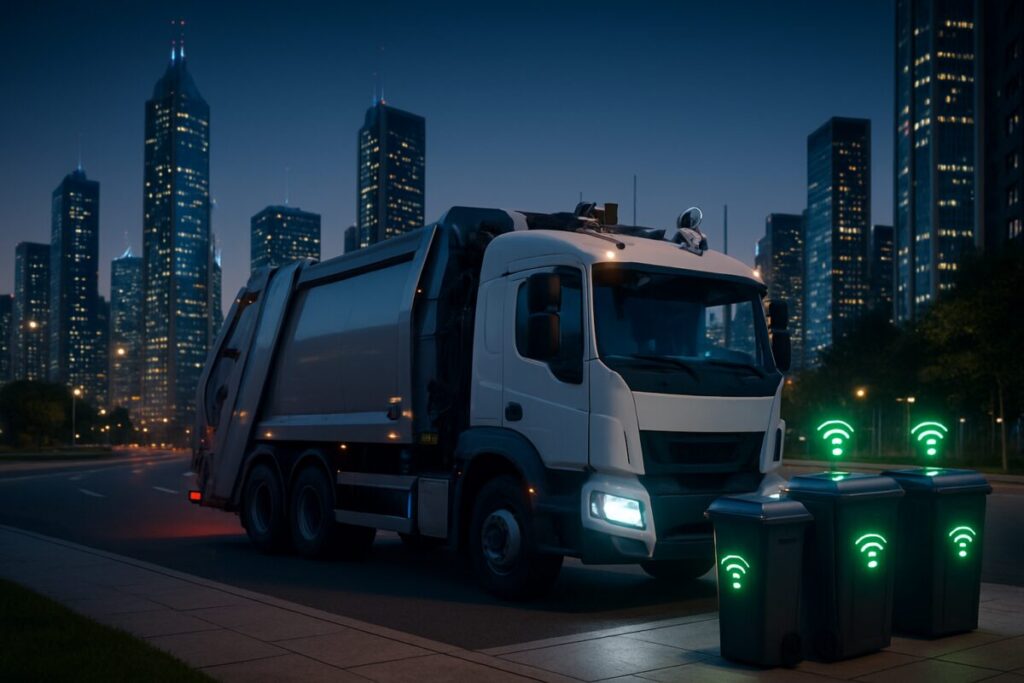 A cityscape at dusk, featuring futuristic high-rise buildings adorned with twinkling lights, symbolizing the infusion of technology into urban landscapes. In the foreground, a modern, sleek garbage collection truck equipped with various sensors, interacting with smart waste bins that glow with indicator lights. The scene conveys an atmosphere of innovation and efficiency, with the city bathed in a soft, ambient glow under a clear sky. The image should be in high definition to showcase intricate details and vibrant colors, reflecting the harmonious blend of nature and technology.