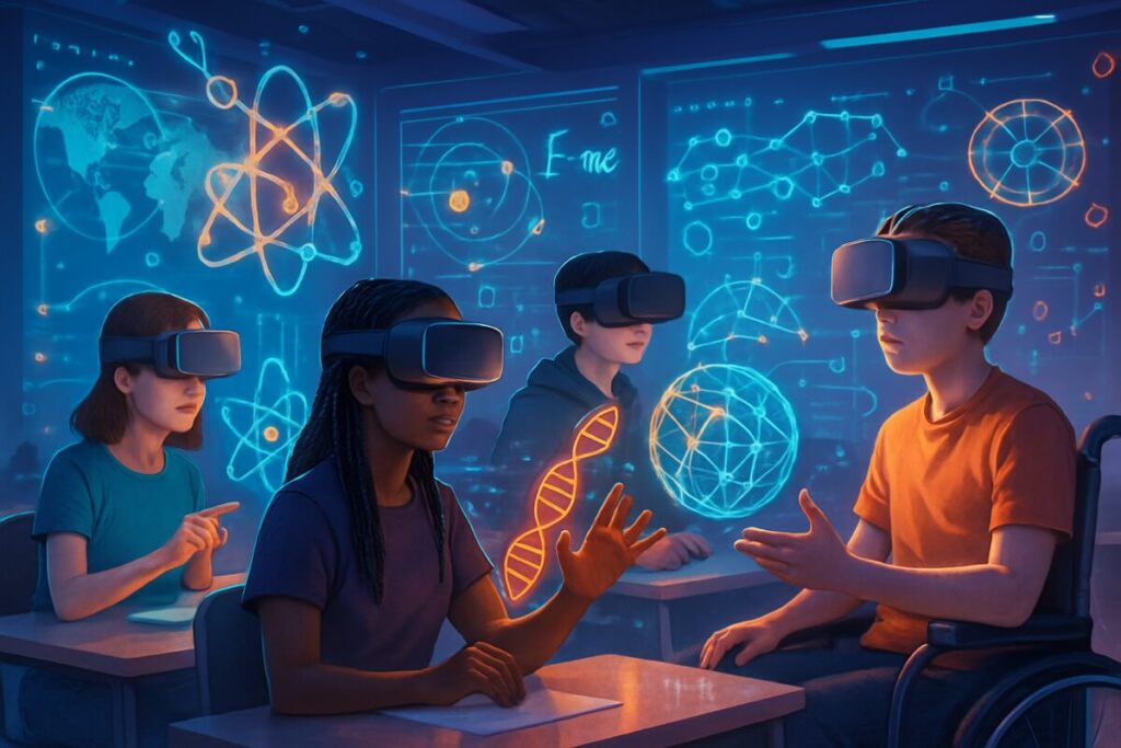 A high-definition digital artwork depicting a vibrant and immersive educational environment within a futuristic virtual reality classroom. In this setting, students wearing sleek, modern VR headsets are engaged in learning activities. Diverse students, including those with visible disabilities, are interacting with digital holograms and virtual models of complex scientific concepts. The room is filled with dynamic, colorful projections, creating an atmosphere of innovation and inclusivity. Soft ambient lighting enhances a sense of collaboration and exploration in a tech-forward learning space, symbolizing the blending of real-world and virtual educational experiences.