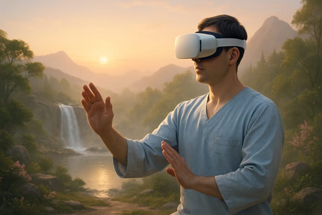 A high-definition image of a serene, futuristic landscape where a patient wearing a sleek virtual reality headset engages in a gentle tai chi exercise on a misty mountaintop at sunrise. The scene is bathed in soft, golden light, highlighting the tranquility and balance between nature and technology. The background features a glistening waterfall cascading into a tranquil pool, surrounded by lush greenery and blooming flowers, enhancing the peaceful ambiance.