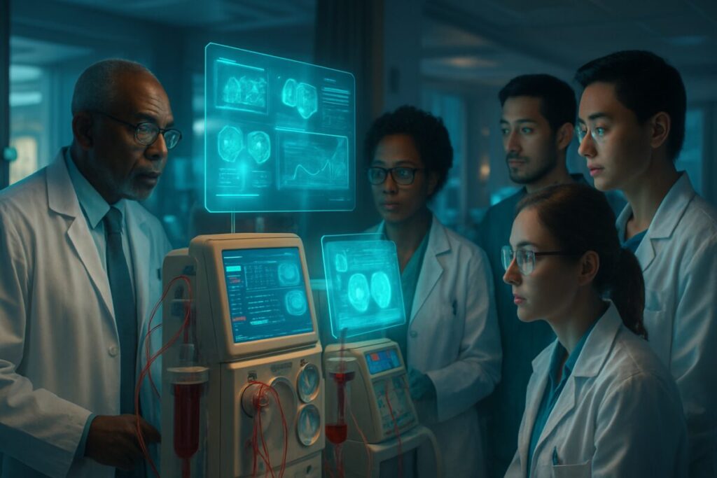 A high-definition digital artwork depicting a futuristic hospital room with advanced dialysis machines brimming with glowing interfaces. The scene includes a diverse team of doctors and scientists, focusing intently on real-time data displayed holographically above the machines. The room is filled with soft, ambient lighting and intricate technological details, conveying a sense of cutting-edge innovation and collaboration in medical technology. The atmosphere should feel hopeful and transformative, illustrating the integration of artificial intelligence in healthcare advancements.