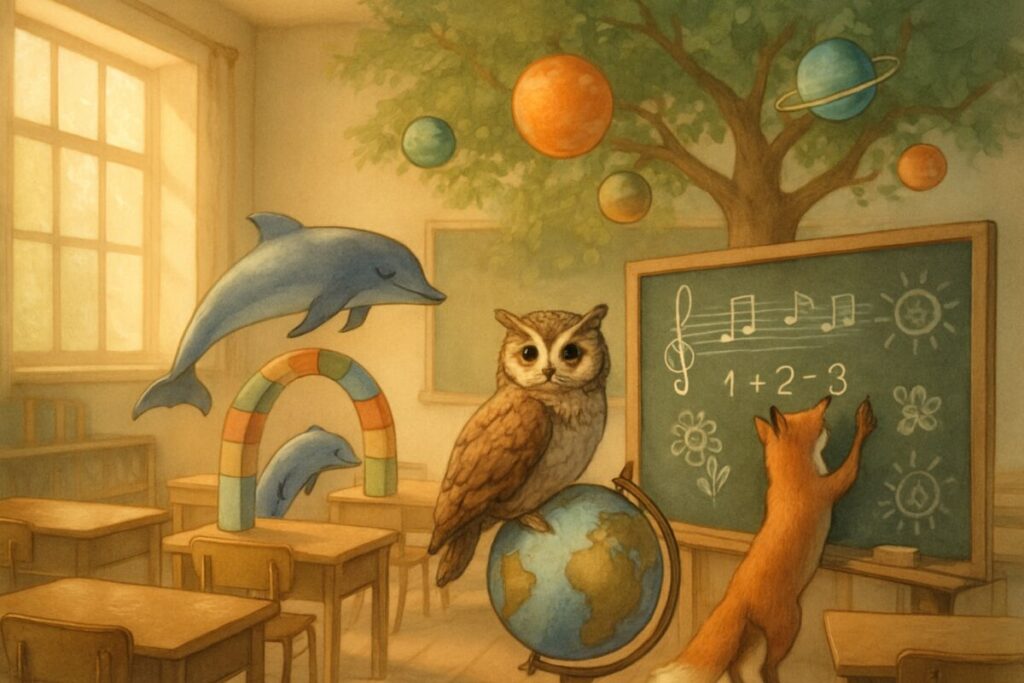 A tranquil classroom scene bathed in soft, warm light, with illustrations of various animals mingling harmoniously in the space. A wise owl perches on a wooden globe, a playful dolphin dives through an arch of colorful blocks, a clever fox busies itself with a chalkboard filled with melodies, numbers, and artistic doodles. In the background, a lush tree grows from the classroom floor, its branches cradling vibrant planetary orbs, symbolizing diverse learning. The room exudes an aura of quiet discovery and creativity, reflecting the essence of exploring multiple intelligences and learning styles. High definition image.