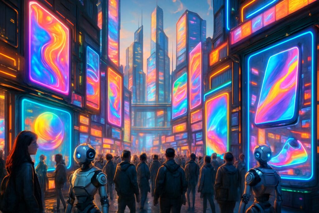 A high-definition digital artwork depicting a futuristic cityscape bustling with dynamic life, where sleek, modern skyscrapers dominate the skyline. In the foreground, a diverse crowd of people and robots are interacting with cutting-edge technology, such as holographic displays that emanate vivid lights and colors. The scene captures a blend of innovation and consumerism, with storefronts showcasing ever-changing product designs that entice passersby. The mood is vibrant and energetic, reflecting the relentless pace of planned obsolescence and consumer culture. The city's atmosphere is rich with digital advertisements, their glowing visuals blending seamlessly into the urban landscape, symbolizing the intersection of public relations and evolving consumer habits.