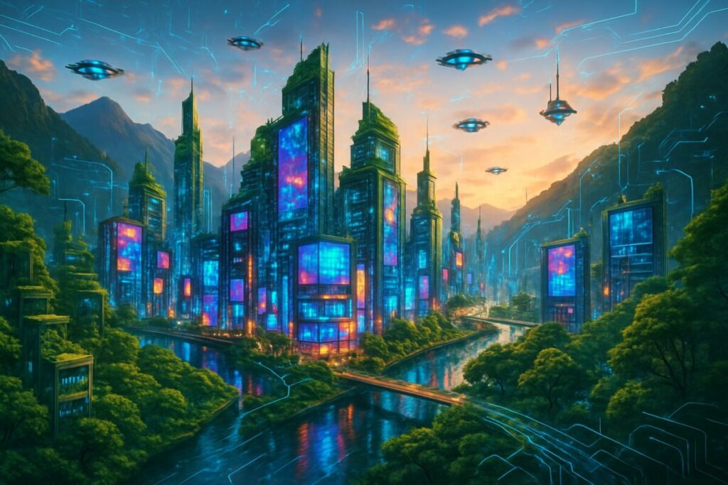 High-definition digital artwork of an enormous, futuristic cityscape blending seamlessly into a natural landscape. The city is filled with high-tech skyscrapers that have integrated greenery on different levels, showcasing a perfect harmony between digital advancement and nature. The skyline is vibrant with glowing digital billboards and hovering drones, casting colorful reflections on a river winding through the city. Throughout, hints of digital networks are subtly woven into the scene, suggesting a world where technology and nature coexist seamlessly. This image captures the spirit of transformation and integration at the heart of digital innovation.
