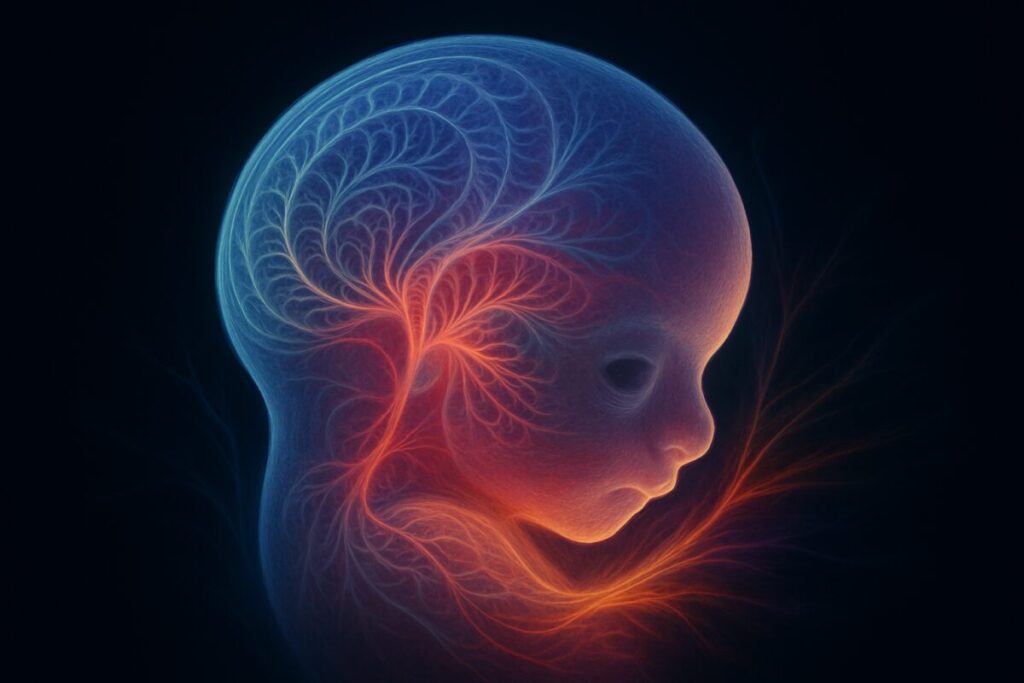 A high-definition digital artwork depicting an intricate, luminous landscape of developing cranial structures. Imagine a semi-transparent human embryo's head, glowing softly against a dark background, with visible swirling patterns of cells differentiating into bones, cartilage, and other tissues. Artistically integrate wisps of vibrant color gradients to symbolize dynamic signaling pathways, creating a sense of molecular dance, with delicate fibers representing neural crest cells weaving through the structure. The image should evoke a blend of scientific wonder and the ethereal complexity of embryonic development.