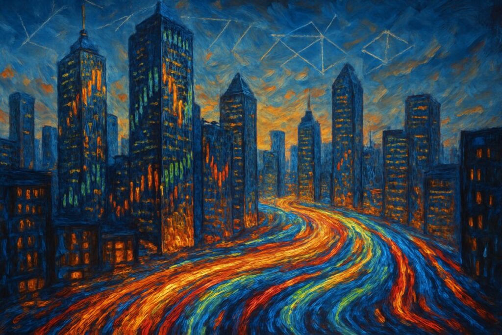 A painting depicting a vivid and dynamic cityscape transformed by digital financial growth. Tall, modern skyscrapers with intricate patterns symbolize financial markets, while vibrant, digital-like brushstrokes of light flow through the streets, representing the movement and adoption of cryptocurrencies. In the sky, subtle geometric forms suggest blockchain technology interconnecting the city. The use of oil paints creates a rich texture and depth, capturing the elegance and complexity of financial inclusion and technological advancement. High definition.