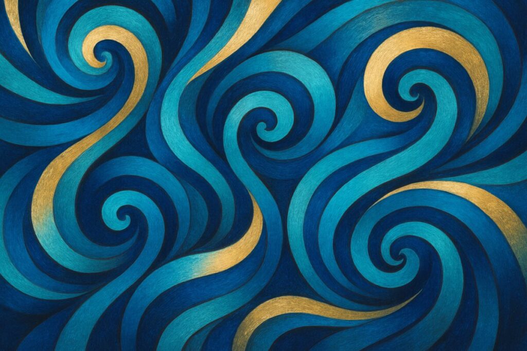 Abstract graphic art — a swirling composition of vibrant, interlocking waves and spirals in varying shades of deep blue and aquamarine. These fluid shapes intertwine with bursts of silver and gold, evoking a sense of rhythm and harmony. The overall effect is dynamic, capturing the flow and sound patterns reminiscent of poetic alliteration and assonance. The gradient transitions between colors suggest movement and musicality, while subtle textural elements add depth and complexity. The entire composition is luminous and evokes an auditory sensation through visual means, rendered in high definition.