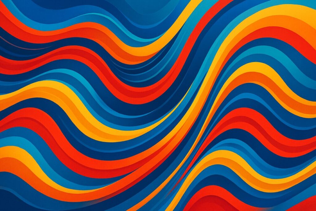 High-definition abstract graphic art with flowing, intertwined lines and curves, showcasing vibrant colors such as bright reds, blues, and yellows. The composition resembles waves and ripples, evoking rhythm and sound. The background features subtle gradients, transitioning smoothly between shades, creating a sense of depth and motion. This design captures the dynamic essence of phonetic patterns in language, embodying the playful harmony and memorability found in advertising slogans.