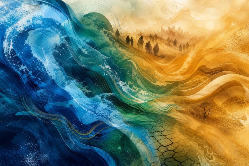 Create an abstract graphic art composition in high definition, characterized by swirling, wave-like shapes and gradients of deep blue, emerald green, and sand-colored ochre. These elements should convey a sense of movement and fluidity, symbolizing the dynamic and often chaotic forces described in discussions of climate-driven migration. Texture can be added with layered transparency effects and subtle reflections, evoking a mix of oceanic and desert atmospheres, capturing the dual nature of the environmental challenges at the heart of the narrative.