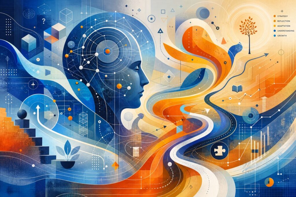 A high definition abstract graphic art representing the exploration of cognitive strategies. The image features an intricate blend of geometric shapes and flowing curves, symbolizing different learning pathways. Cool blues and warm oranges intersect in a dynamic gradient, illustrating the contrast and convergence of distinct methods. Varied textures with subtle gradients suggest the complexity and richness of cognitive processes, creating a visual harmony that invites contemplation and reflection.