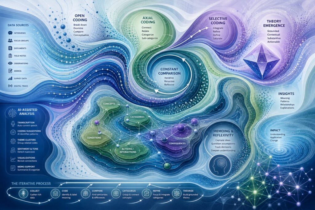 Generate an abstract graphic art piece inspired by the flow and complexity of data analysis in grounded theory research. Use an array of interconnected, swirling shapes and multi-layered patterns to reflect the dynamic and iterative nature of coding practices. Select a harmonious color palette featuring blues, greens, and soft purples, with gradients that smoothly transition between hues to evoke the blend of traditional and AI-assisted methods. Incorporate a variety of textures representing depth and layers of understanding, while maintaining a balance of clarity and complexity. Create this image in high definition to accentuate the intricate details and vibrant colors.
