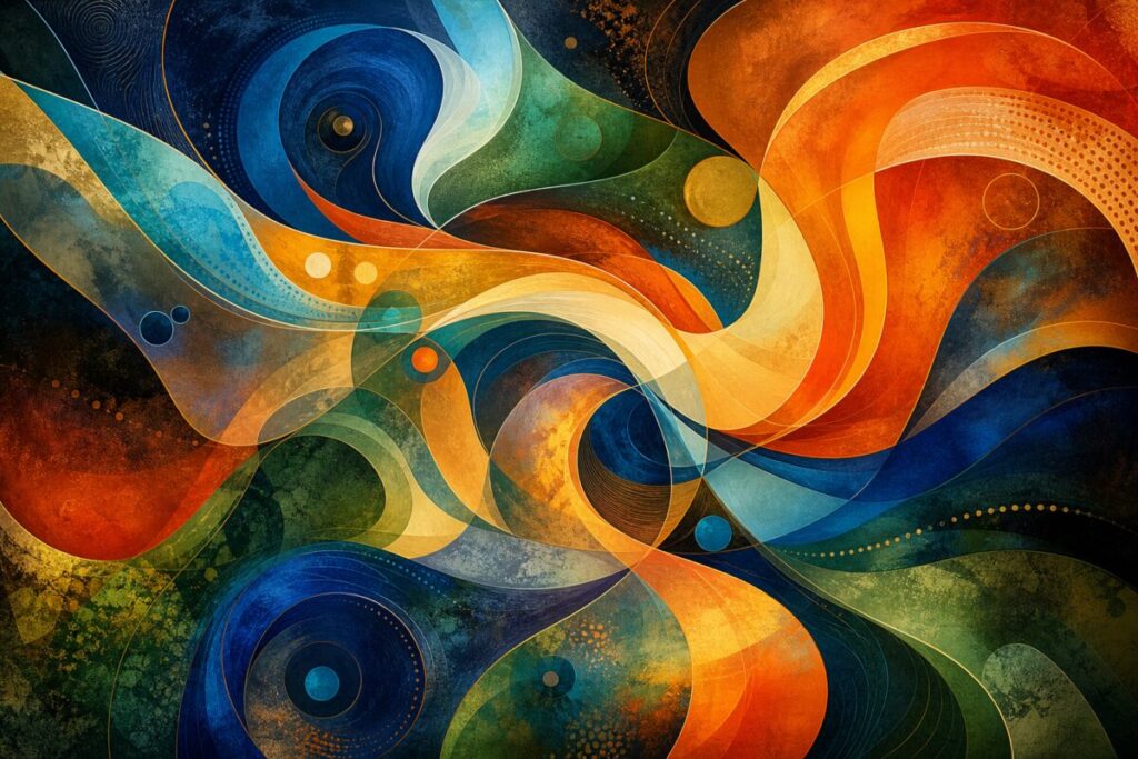 An abstract graphic art piece featuring an array of vibrant, interlocking shapes and colors that evoke the complexity and dynamism of diversity and grounded theory. Create a fluid composition with swirling forms that intersect and blend harmoniously, conveying movement and transformation. Use a rich color palette including deep blues, glowing oranges, and subtle greens to suggest depth and intrigue. Incorporate soft gradients and textured surfaces to add depth and nuance to the image. Generate the artwork in high definition to enhance the intricate details and vivid contrasts, offering a visually engaging and thought-provoking representation without depicting any specific object or scene.