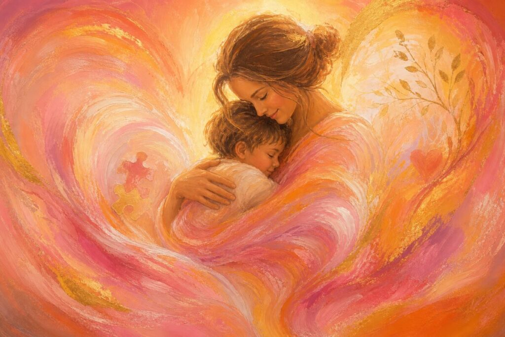 A painting drenched in soft, warm colors of pink, orange, and gold, suggesting a compassionate and nurturing atmosphere. The composition features overlapping, gently flowing brushstrokes that create a sense of movement and connection, reminiscent of a soothing embrace. The texture is rich and inviting, evoking feelings of empathy and care. The image captures an essence of warmth and understanding, perfectly harmonizing with the themes of compassion and holistic care in applied behavior analysis. High definition.