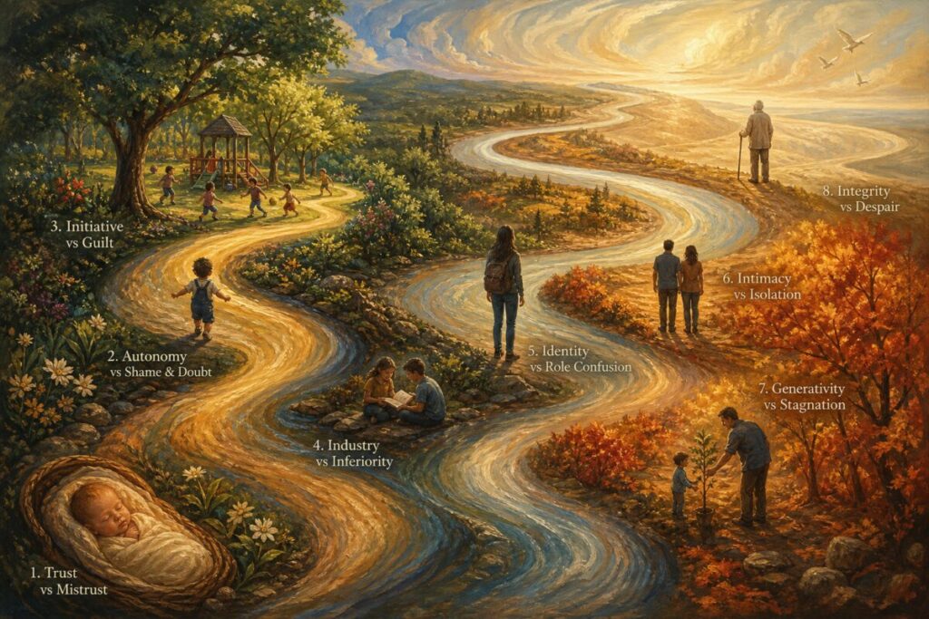 A painting in warm earth tones depicting an abstract representation of the human lifespan as a flowing river with distinct bends and turns, symbolizing the eight stages of Erikson's psychosocial development. The river flows through a landscape that subtly evolves from lush greenery to autumnal forests and finally into serene, open skies, highlighting the journey from birth to late adulthood. The brushstrokes are gentle and curved, capturing a sense of continuous movement and life’s transitions. The painting should be in high definition with rich textures to evoke an emotional sense of life's journey and the interplay between individual growth and social connection.