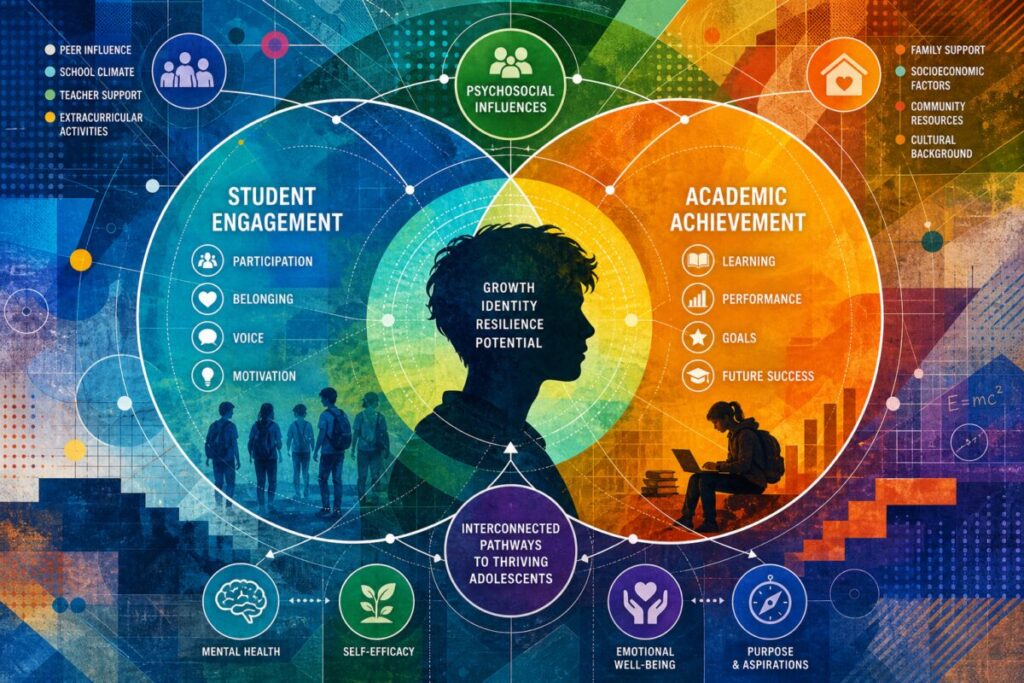 A vibrant abstract graphic art piece featuring an array of interconnected geometric shapes and bold colors, symbolizing the complexity of adolescence. Use overlapping circles and lines to represent the interconnectedness of student engagement and academic achievement, with gradients transitioning between colors like blue, green, and orange to evoke a sense of dynamic growth and development. The background should have a textured, layered feel to suggest depth and the multidimensional nature of psychosocial influences. Create the image in high definition, ensuring a crisp and polished visual experience.