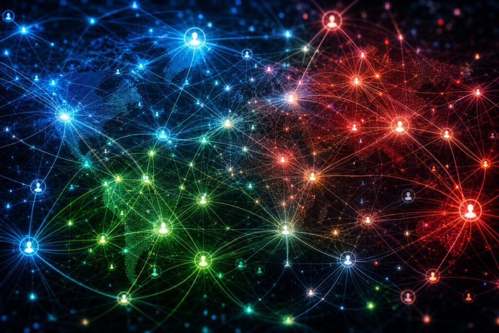 Create a high-definition abstract image featuring a tangled web of vibrant, interconnected lines and nodes. These colorful lines should flow organically, overlapping and crisscrossing, symbolizing the complex, intertwined nature of human relationships in the digital age. Include gradients of blue, green, and red to add depth and dynamism. The nodes should be luminous and act as focal points, giving the impression of energy and connection, with a subtle texture to suggest a network of interactions. The overall composition should evoke a sense of both connection and separation, reflecting the dual nature of technology's impact on intimacy and isolation.