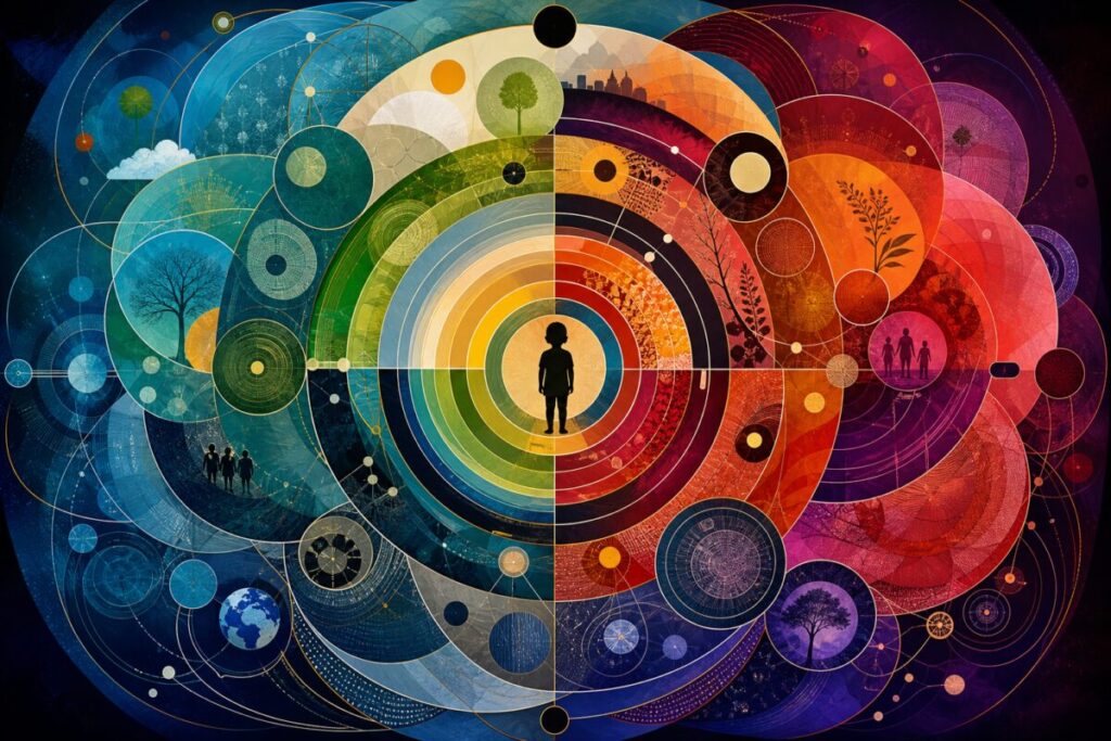 Abstract graphic art — a vibrant composition of concentric circles and ellipses overlapping in varying sizes, filled with rich, dynamic colors and gradients. Each shape is uniquely textured, suggesting layers of influence that blend yet remain distinct, representing the interconnected systems that affect human development. The interplay of colors and forms evokes a sense of depth and movement, symbolizing the complex and evolving relationship between individuals and their environments. The composition should be bold and eye-catching, capturing the intricate beauty of ecological systems in high definition.