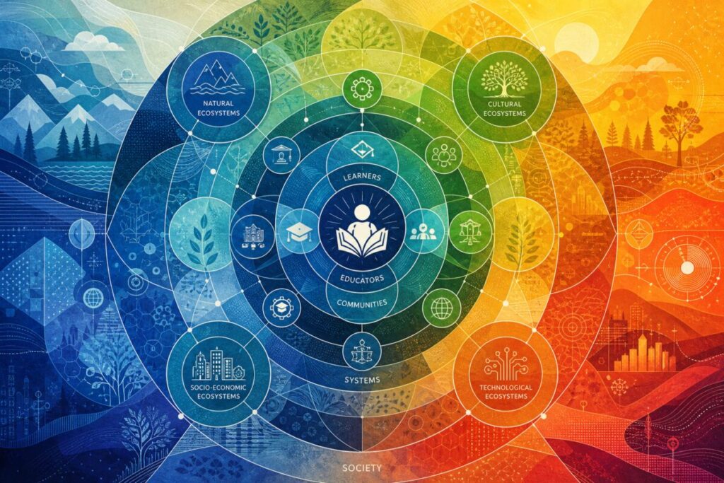 Imagine an abstract graphic art piece in high definition, with interconnected geometric shapes representing different ecosystems. Vibrant gradients transition across the canvas, symbolizing the dynamic nature of change within educational systems. Concentric circles overlap and intersect, illustrating interconnected systems, each adorned with textured patterns to convey complexity. The color palette smoothly shifts from deep blues and greens at the center to warm yellows and reds at the outskirts, evoking a sense of growth and transformation from the micro to the macro perspective.