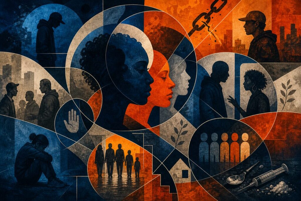 Create an abstract graphic art piece that embodies the theme of social categorization within communities affected by drug use. Use a blend of bold, contrasting colors such as deep blues, vivacious oranges, and muted grays to represent the intense emotions and diverse identities within these communities. Incorporate a series of interlocking, fluid geometric shapes like circles and angular lines to signify the overlapping and complex relationships among individuals. Utilize textured gradients to give the image depth and visual intrigue. The composition should evoke a sense of both fragmentation and unity, capturing an intricate balance of tension and solidarity. Render the image in high definition to ensure each color transition and texture is sharply defined and richly detailed.