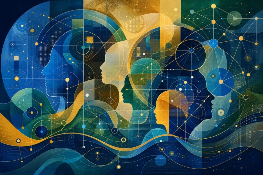Abstract graphic art with intertwined geometric shapes and fluid gradients, representing concepts of social connections and interactions. Rich shades of blue, green, and gold flow into each other, with intricate patterns suggesting depth and complexity. The composition should evoke a sense of interconnected networks and diverse perspectives, highlighting cognitive processes and abstract thinking. Render in high definition to capture the detailed textures and vibrant color transitions.