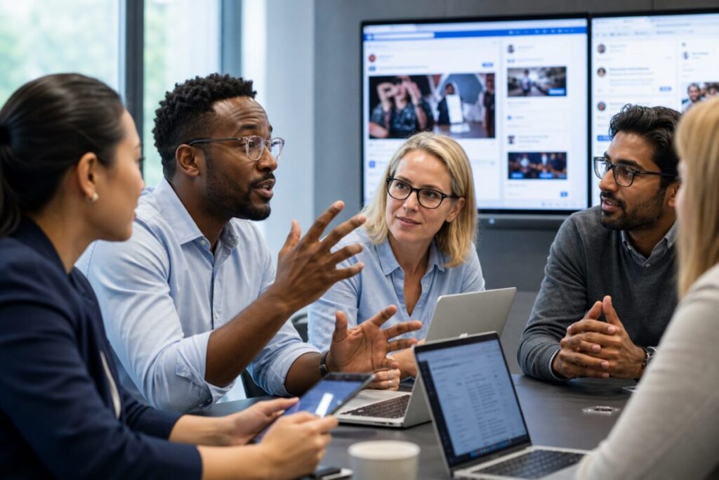 A realistic photograph capturing a close-up of a diverse group of people, seated around a modern conference table, all engaged in lively discussion. The scene is lit naturally from a large window behind them, illuminating their earnest expressions and hands gesturing energetically as they share ideas. The background reveals blurred screens displaying social media interfaces, hinting at the digital theme of the discussion. The high-definition image emphasizes the depth of field, capturing the vibrant atmosphere of collaboration and communication in a corporate or scholarly setting.