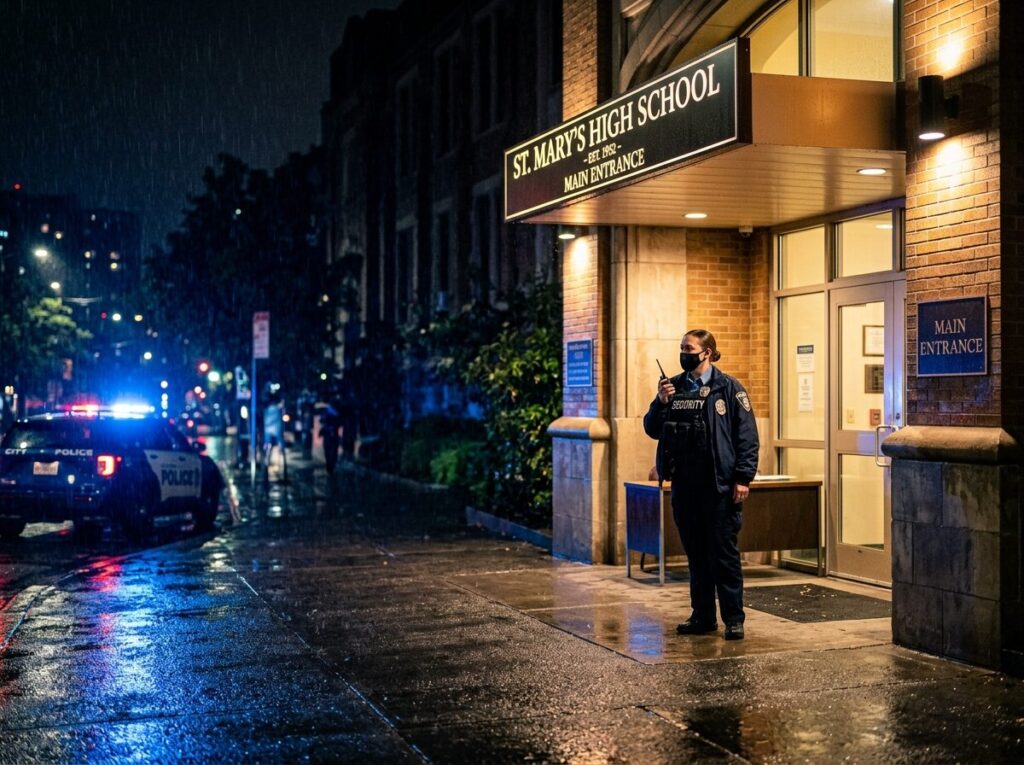 High-definition realistic nighttime photograph of a brightly lit school entrance with a vigilant security guard beneath warm exterior lights, rain-slick pavement reflecting blue patrol-car glow, deep shadows and shallow depth of field, cinematic natural textures