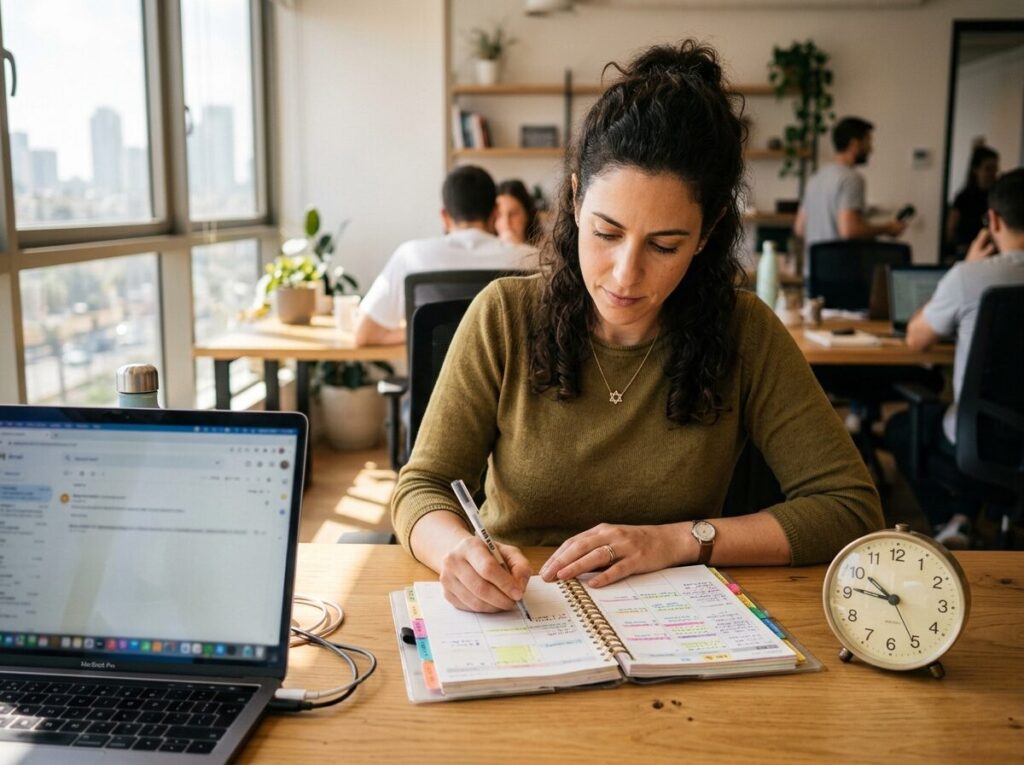 A focused Israeli professional calmly organizing a color-coded daily planner beside a laptop and a softly lit analog clock, busy office background gently blurred, warm morning window light, realistic camera detail and natural textures, high definition, no text visible